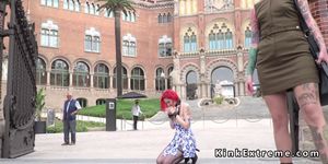 Redhead slave in stockings banged in bar