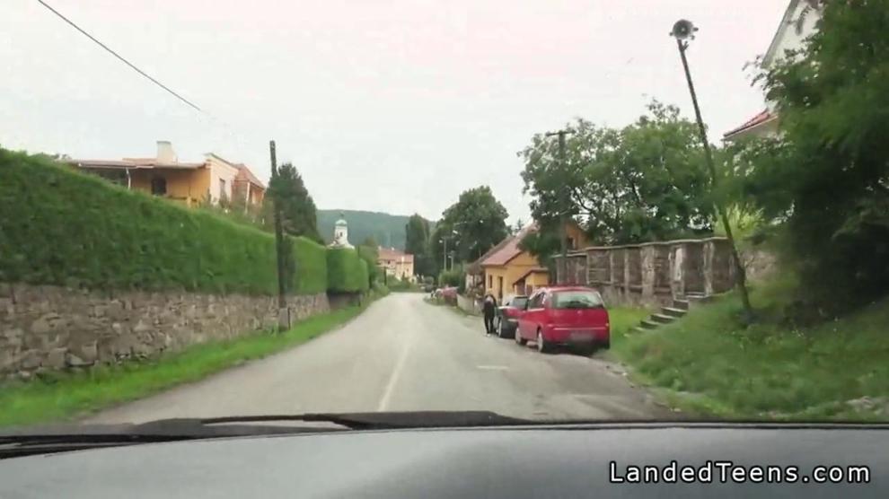 Blonde amateur hitchhiker bangs in car pov