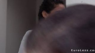 Lesbian schoolgirl banged with strap on