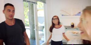 Teen BFFs naughty language lesson with a huge cock