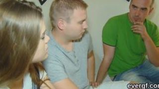 Dirt poor fellow allows sexy friend to screw his companion for cash