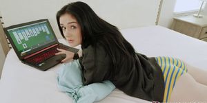 Step bro Jay fucks Rosalyn from behind while she is using his laptop and cums