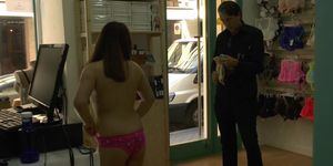 Asian slave disgraced in lingerie shop