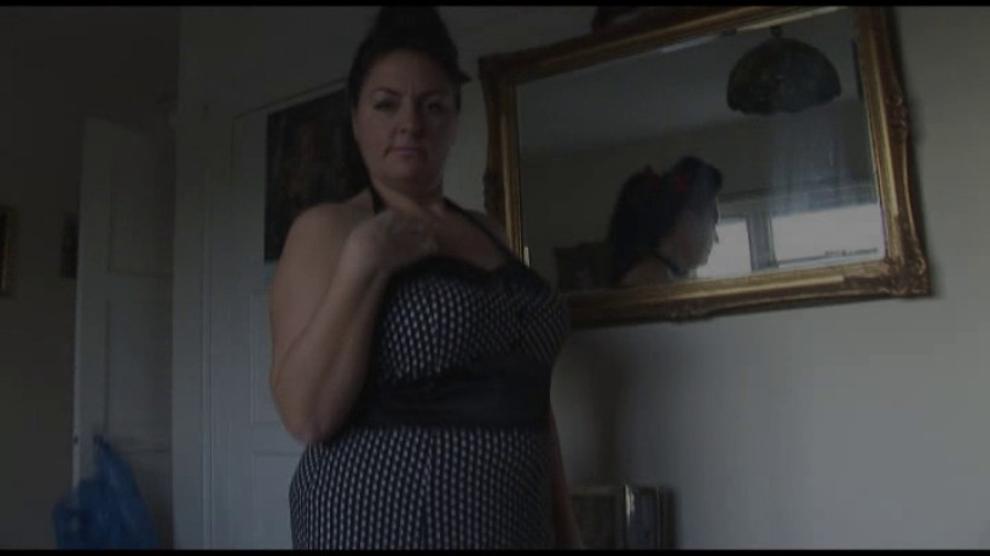 Curvy busty mature lady with big hairy bush strips and teases