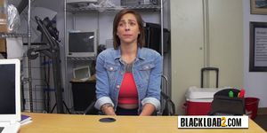 Short haired chick takes directors big black cock on desk