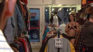 Brunette sucks cock in records shop
