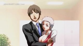 Horny anime teacher blowing cock gets jizzed all over