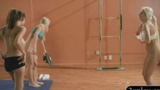 Busty yoga teacher new yoga techniques to two hotties