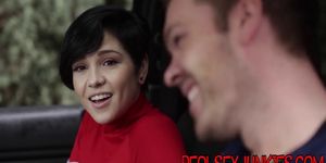 Pretty teen gobbles cock