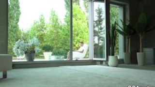 Ass banged and spermed babe rubs her pussy