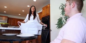 Stepmom and young couple amazing 3some in the kitchen