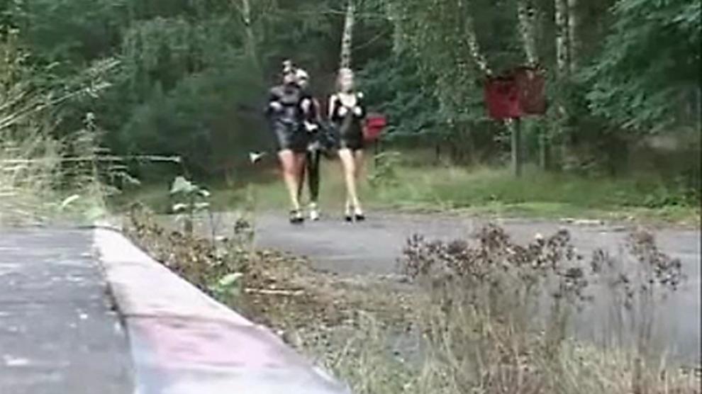 Lesbian outdoor doggy fucking