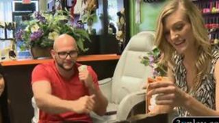 Skinny blonde girl pounded in the salon for some money