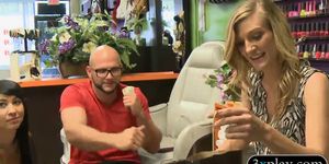 Skinny blonde girl pounded in the salon for some money