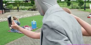 Horny Alessandra pounded by a living statue with a big hard cock