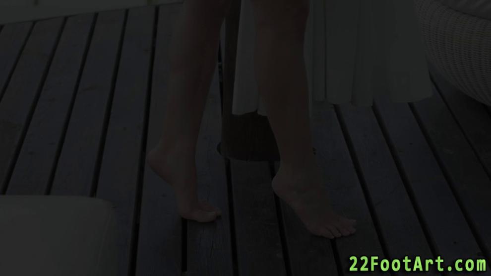 Riding blonde footfucks big cock outdoors