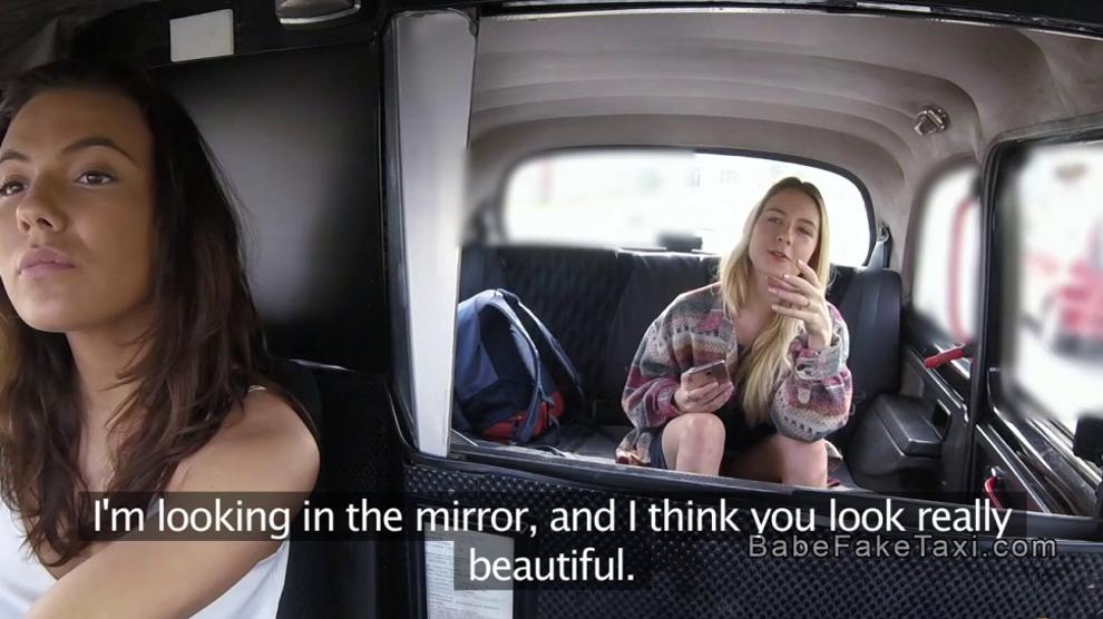 Blonde beauty licking female fake taxi driver