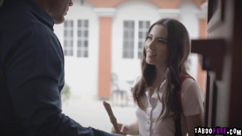 Aria sucks Derricks cock until he s hard enough to pound her tight twat