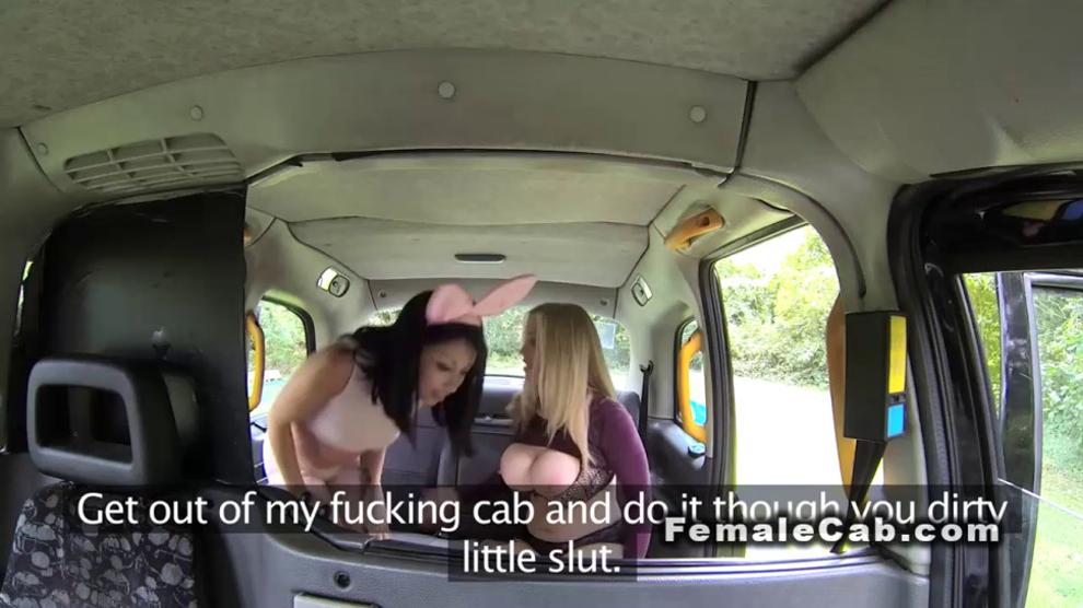 Fake huge boobs cab driver licks pussy outdoors