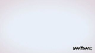 Beautiful teenie is peeing and fingering shaven muff