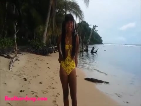 Ameteur Tiny Thai Teen Heather Deep day at the beach gives deepthroat Throa