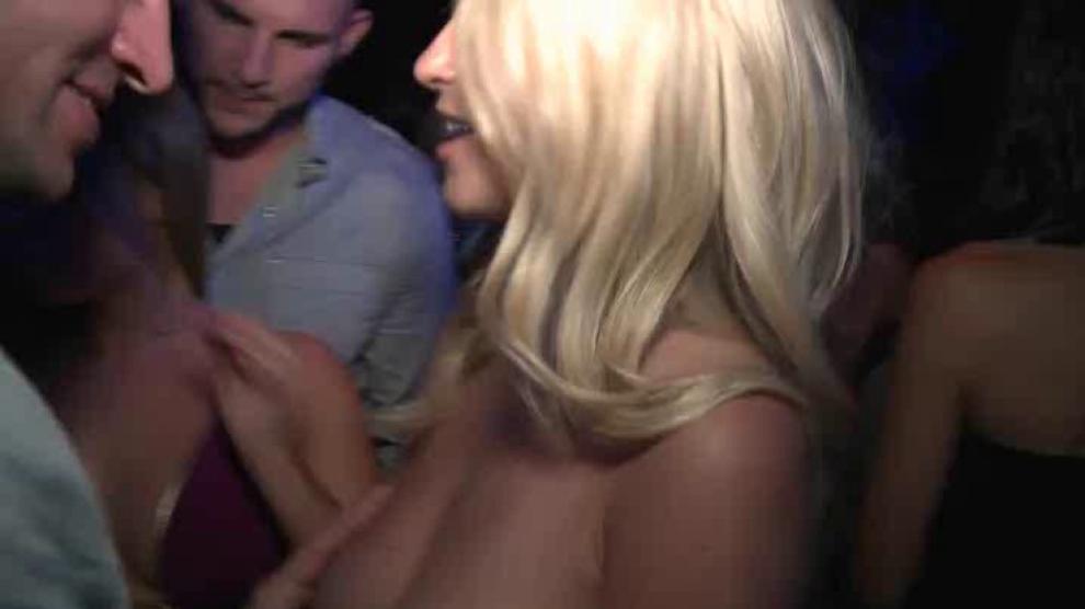 VIP blonde gets licked and tit sucked in orgy