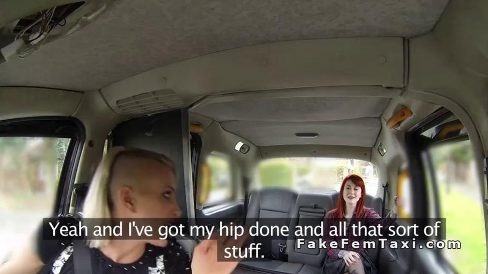 Inked redhead licking female fake cab driver