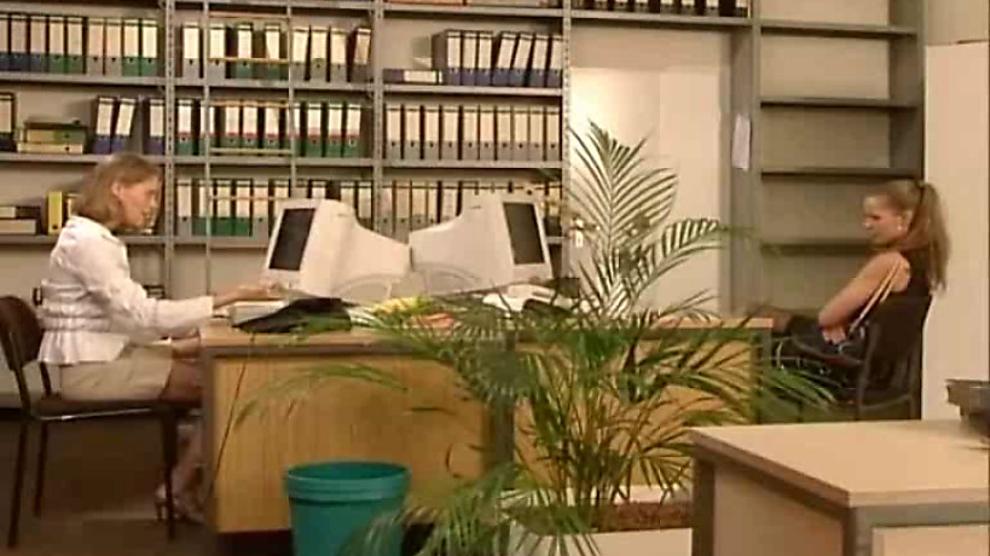 German office lesbians playing with bananas and cucumbers