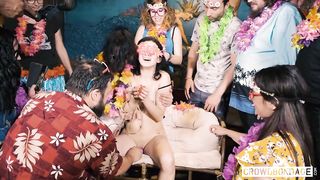 Colourful BDSM party with a brunette slave