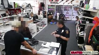 Brunette Thief gets big cock as payment for sex inside of the pawn shop office