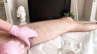 A real client heavily cumming Mistress SugarNadya depilation during the procedure