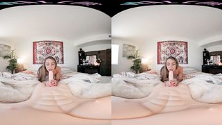 Skinny blonde hottie rides her male sex doll in virtual reality