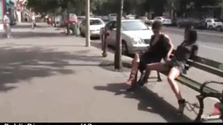 Bound babe to bench wired in the streets