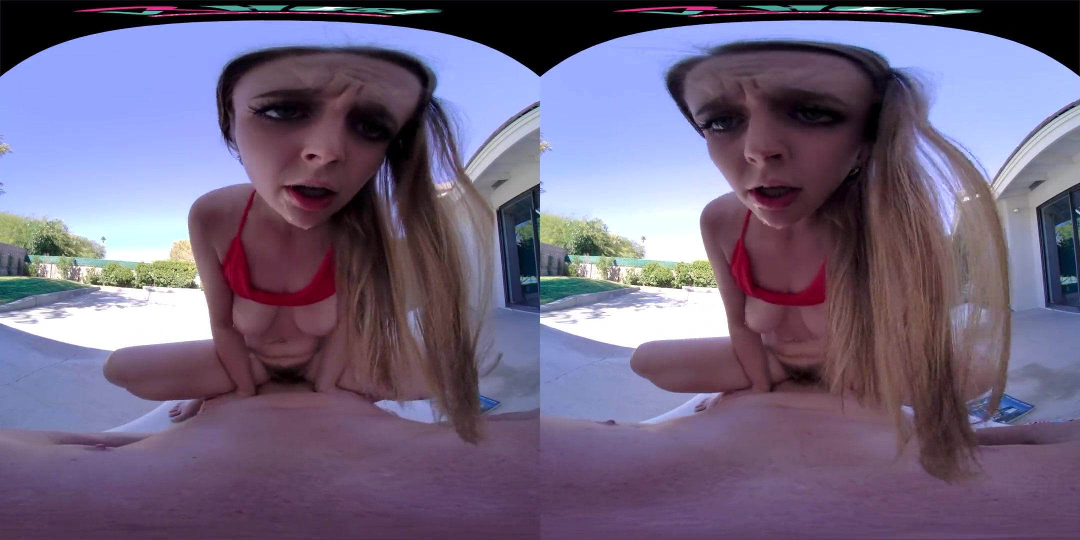 Busty blonde rides a hard cock poolside in VR