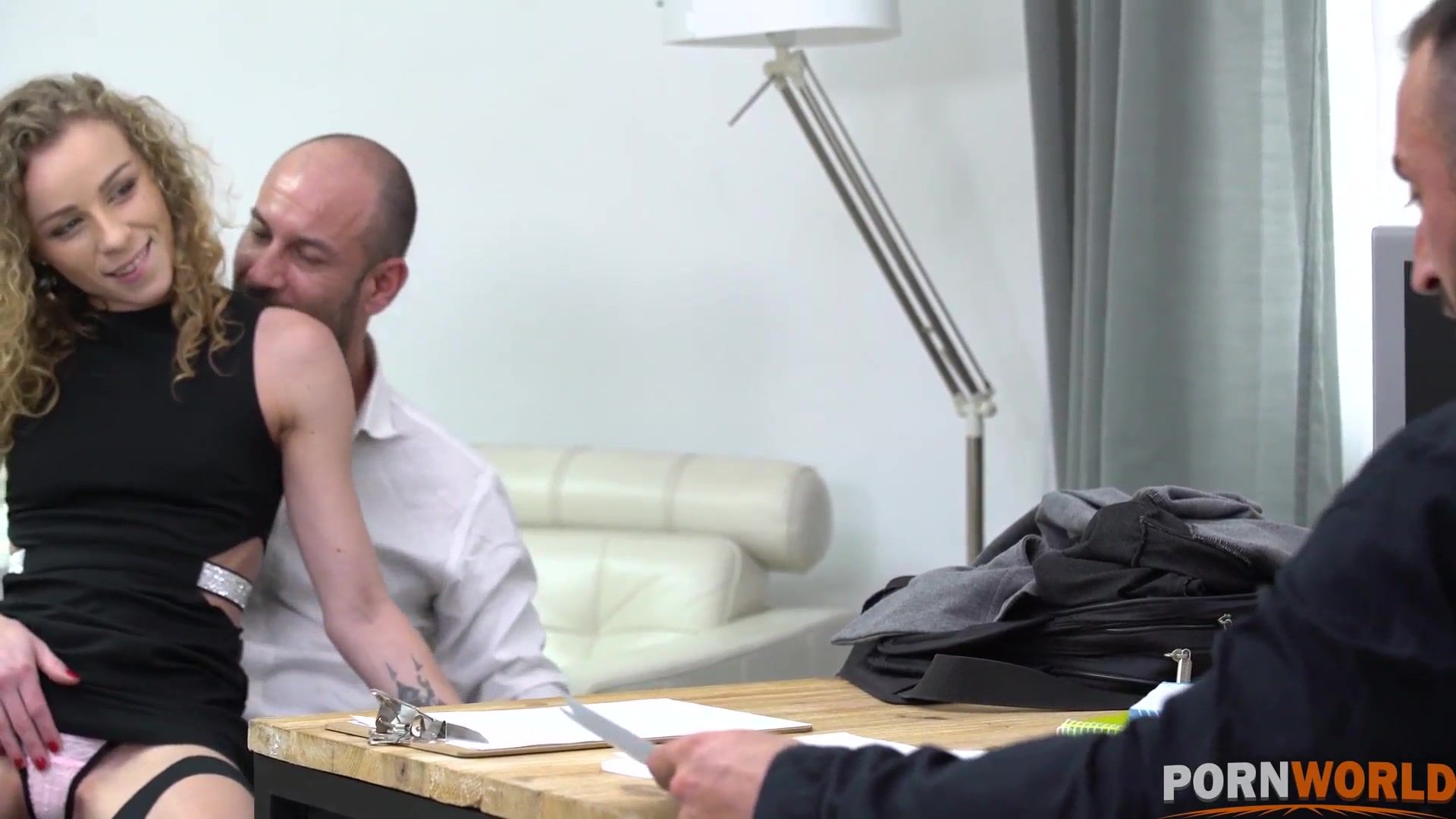 Curly-haired French Nympho Emily Angel Double Penetrated in the Office