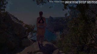 Public erotica, a girl with a stunning figure shows her magnificent ass against the backdrop of the sea and mountains. DickForStepSister