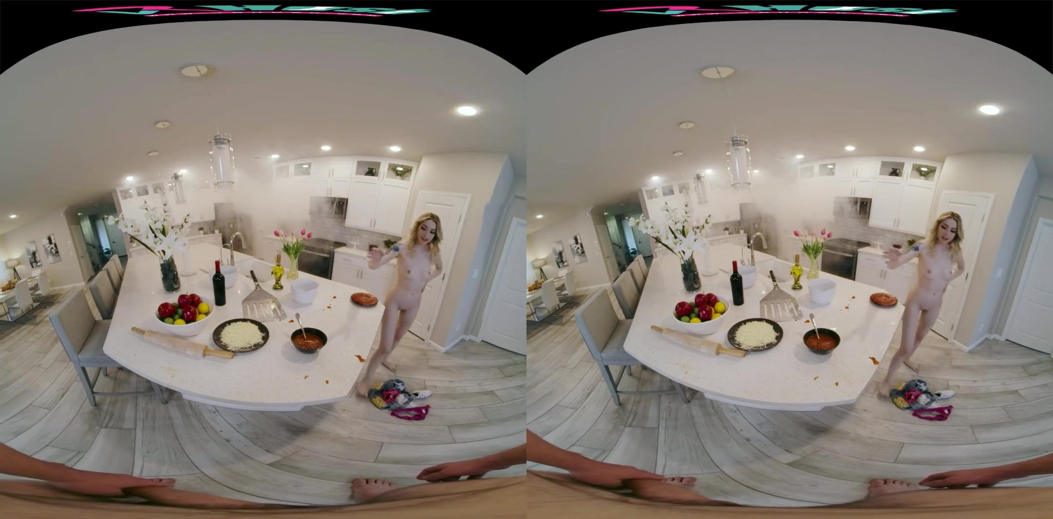 Tiny blonde hottie gets fucked while cooking pizza in virtual reality