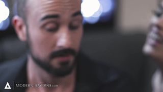 MODERN-DAY SINS - Wife Lets Bi-curious Husband Try His First Dick Bareback! INTERRACIAL THREESOME!