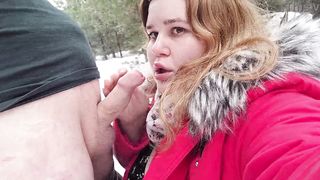 Cum in the mouth and on the tits of a redheaded slut in the woods