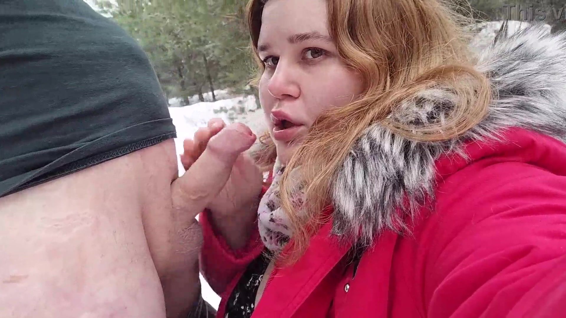 Cum in the mouth and on the tits of a redheaded slut in the woods