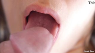 Her Soft Big Lips And Tongue Cause Him Cumshot, Super Closeup Cum In Mouth
