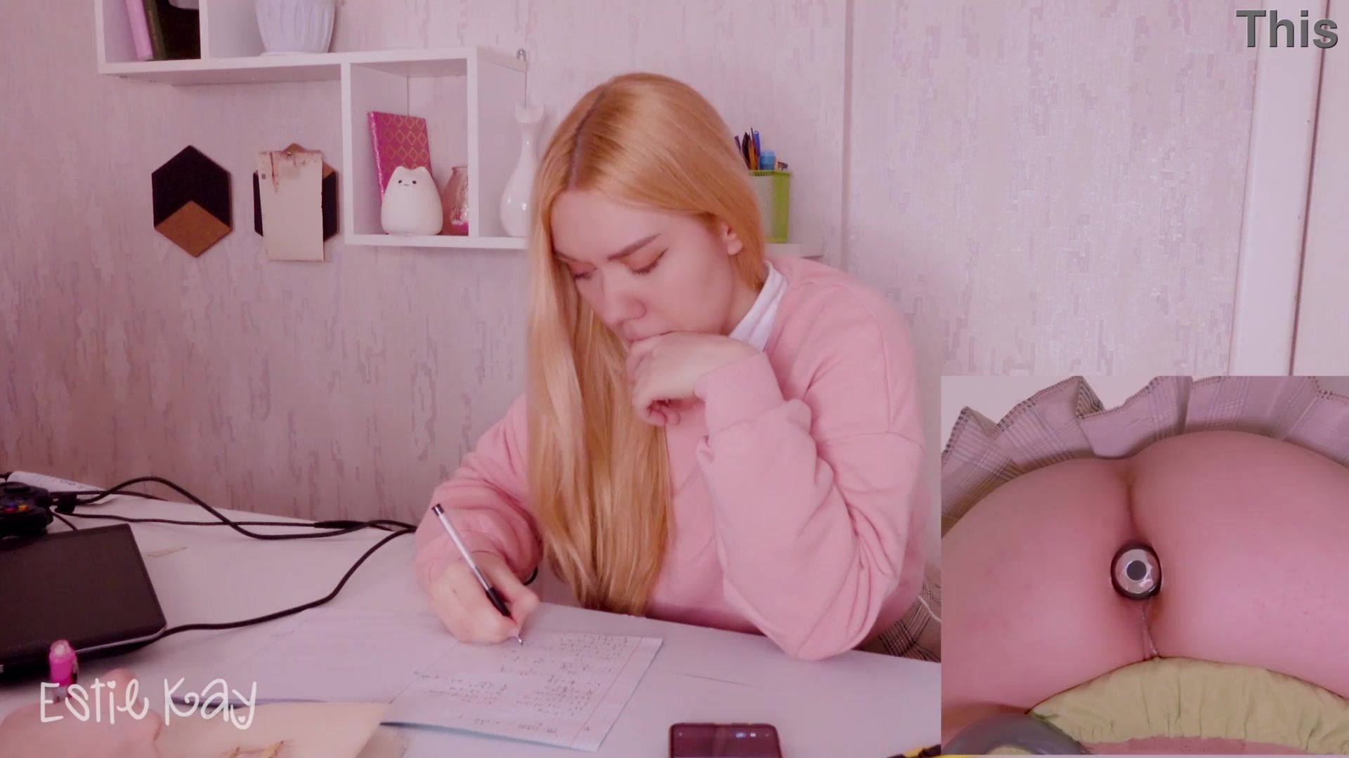 Helping my stepsister with homework but she's too distracted with vibro plug in her ass!