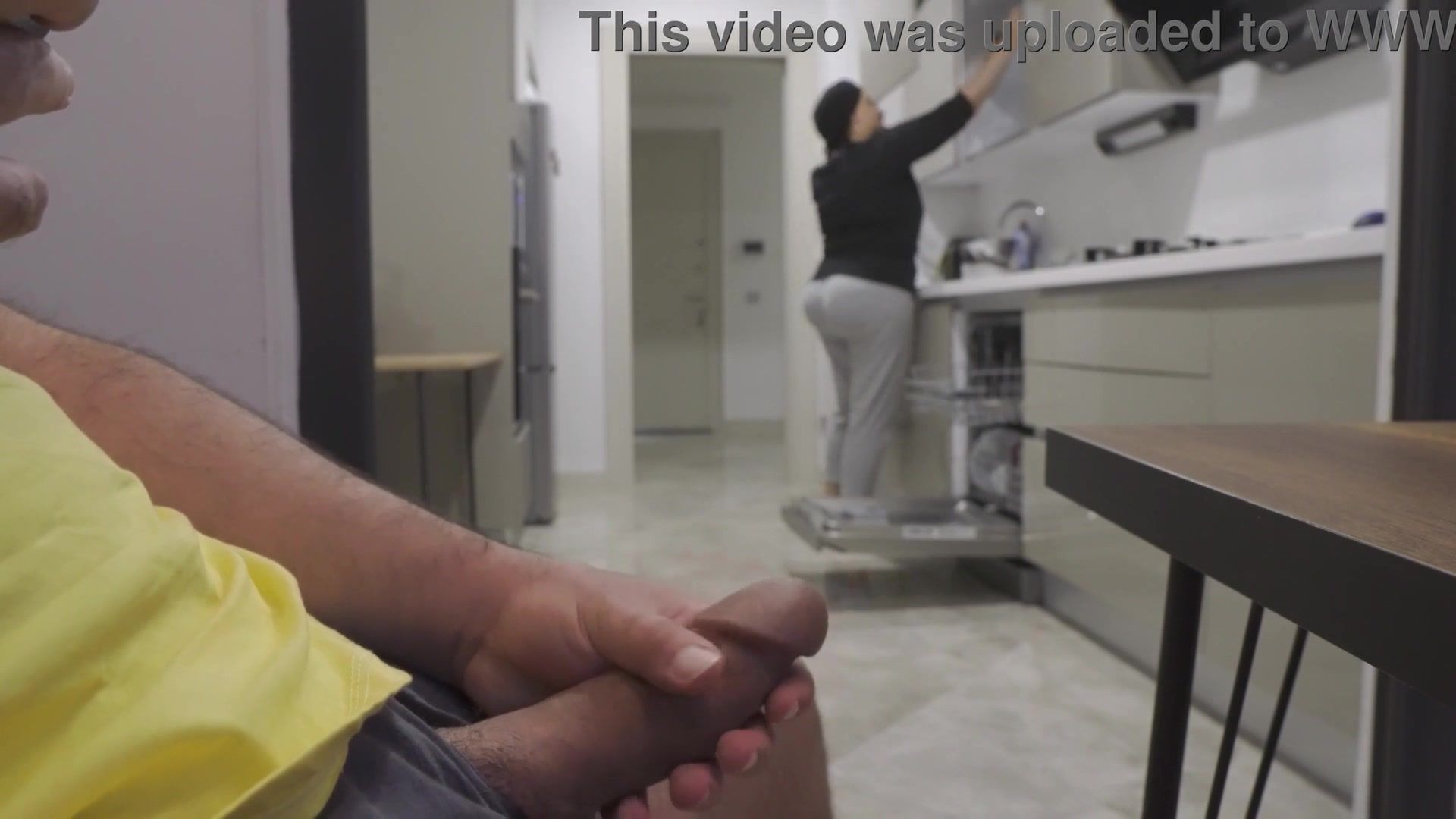 Stepmom caught me jerking off while watching her big ass in the Kitchen.