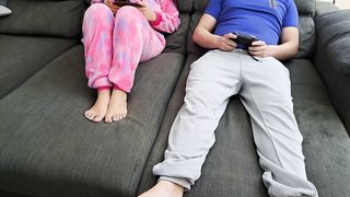 Stepsister sucks stepbrother and eats his sperm while he plays video games