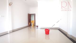Naked maid cleans office space. Maid without panties. Hall c2