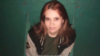 Redhead girl sucked in the stairwell while parents were at home