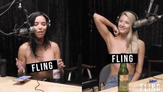 Kaylee Killi0n getting undressed on a podcast with her brunette friend