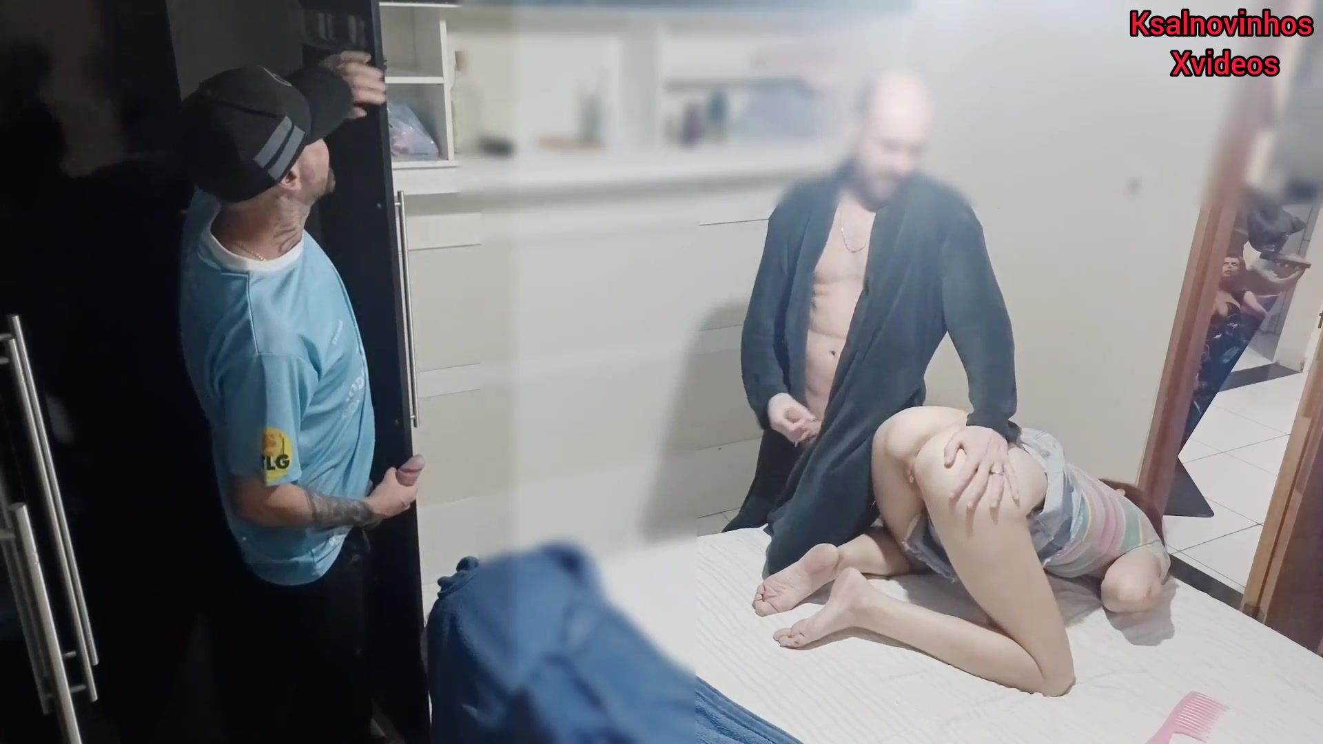 Prank with wife blindfolded and friend enters in the middle of sex, there was a friend inside the wardrobe