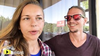 Hot Amateur rubs her pussy in a Public Van and Flashes Tits all over Hotel